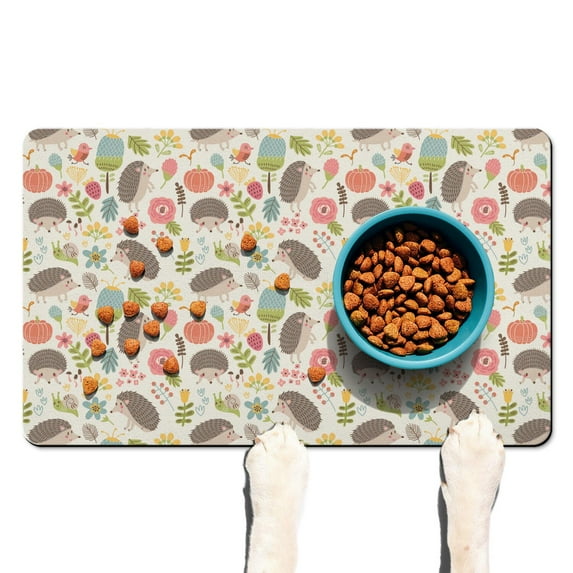 Cute Hedgehog Non-Slip Dog Bowl Mat - Multi-Layer Absorbent Pet Feeding Mat with Cartoon Hedgehog & Mushrooms Design