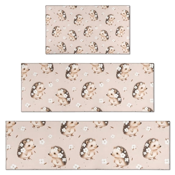 Cute Hedgehog Pattern with Flowers Kitchen Rugs Sets Of 3,Kitchen Runner Rugs Non Skid Washable,Decorative Kitchen Floor Mats for Kitchen,Sink,Laundry,17"x30"+ 17"x47" + 17"x59"