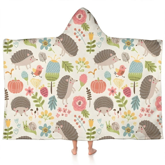 Cute Hedgehog Pattern with Pioneer Flower Hooded Bath Towel,60"x35" for Ages 3 To 12 Kids, Quick Dry Lightweight Soft Microfiber Hood Beach Towel Cover Up for Kids