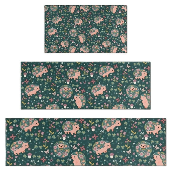 Cute Hedgehog Pattern with Pioneer Flower Kitchen Rugs Sets Of 3,Kitchen Runner Rugs Non Skid Washable,Decorative Kitchen Floor Mats for Kitchen,Sink,Laundry,17"x30"+ 17"x47" + 17"x59"