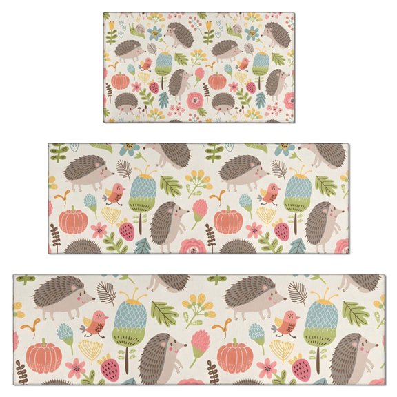 Cute Hedgehog Pattern with Pioneer Flower Kitchen Rugs Sets Of 3,Kitchen Runner Rugs Non Skid Washable,Decorative Kitchen Floor Mats for Kitchen,Sink,Laundry,17"x30"+ 17"x47" + 17"x59"