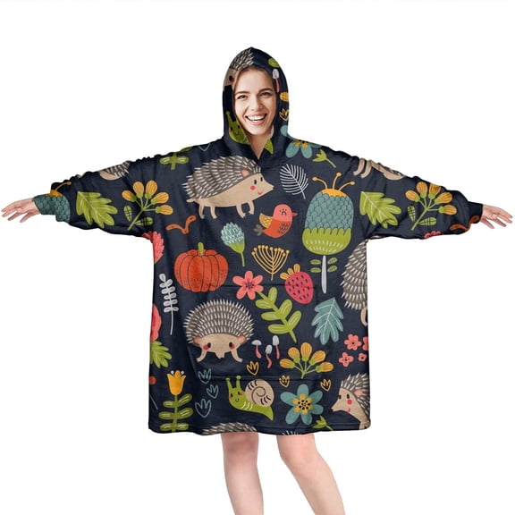 Cute Hedgehog Pattern with Pioneer Flower Wearable Oversized Blanket,Wearable Blanket Hoodie for Adults,Cozy Hooded Blankets with Super Pockets,Super Warm Fuzzy Pullover for Women & Men