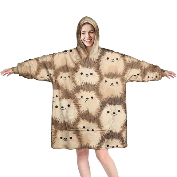 Cute Hedgehog Pattern Wearable Oversized Blanket,Wearable Blanket Hoodie for Adults,Cozy Hooded Blankets with Super Pockets,Super Warm Fuzzy Pullover for Women & Men