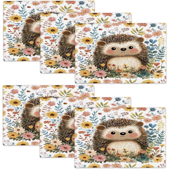 Cute Hedgehog Placemats Set of 6, 12x18 Inch Spring Flower Table Place Mat Animal Washable Non-Slip Heat Resistant Fabric Placement Mats for Dining Kitchen Indoor Outdoor Decor