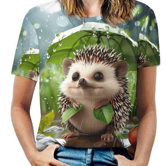 Cute Hedgehog Rainy Day Womens Tops Women's Fashion Casual Short Sleeve Flower Print Round Neck Pullover Top Blouse