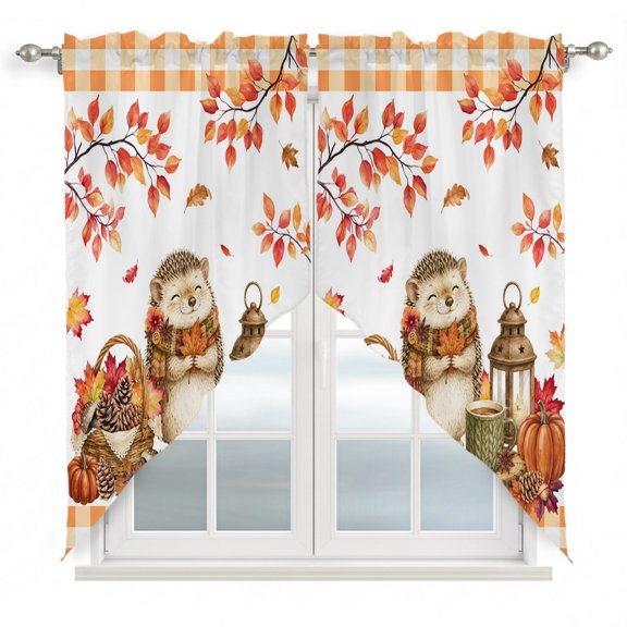 Cute Hedgehog Swag Curtain Valance for Windows, Fall Thanksgiving Harvest Pumpkin Maple Leaf Pine Cones Window Treatments Short Swag Topper for Kitchen Windows Bathroom Bedroom, 28"x36"