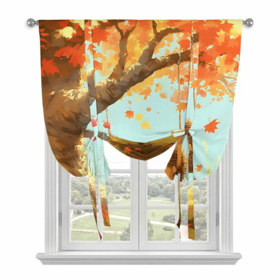 Cute Hedgehog Swing Fall Maple Tree Tie Up Curtains,Adjustable Rod Pocket Window Shade Curtain Drape Watercolor Orange Leaves Tie-Up Valance for Kitchen Bedroom Living Room Windows,34"x45"