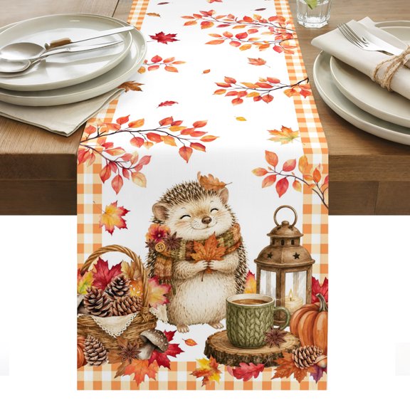 Cute Hedgehog Table Runner, Fall Thanksgiving Harvest Pumpkin Maple Leaf Pine Cones Washable Kitchen Table Runners for Dining Table Decorations Party/Restaurant/Indoor Outdoor Use, 13x36in