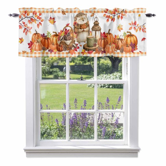 Cute Hedgehog Valances for Windows, Fall Thanksgiving Harvest Pumpkin Maple Leaf Pine Cones Rod Pocket Short Window Valance Curtains Holiday Window Treatment for Kitchen Bathroom 42" x 12"