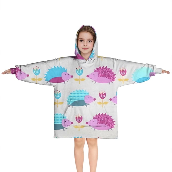 Cute Hedgehog and Flowers Blanket Hoodies for Kids 6-13YR Oversize Wearable Blanket Hoodies for Boys Girls Teens