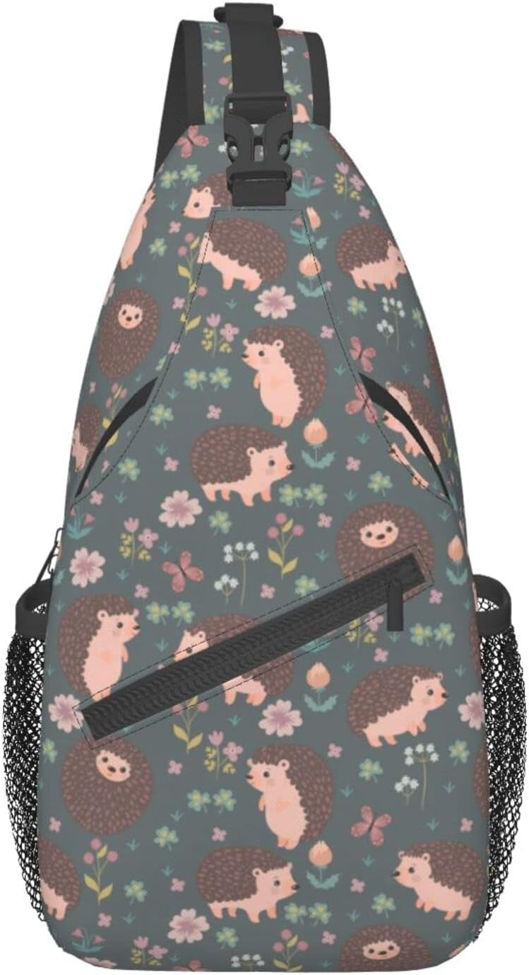 Cute Hedgehog and Flowers Pattern Sling Bag Crossbody Hiking Travel Chest Bags Backpack Shoulder Daypack for Women Men