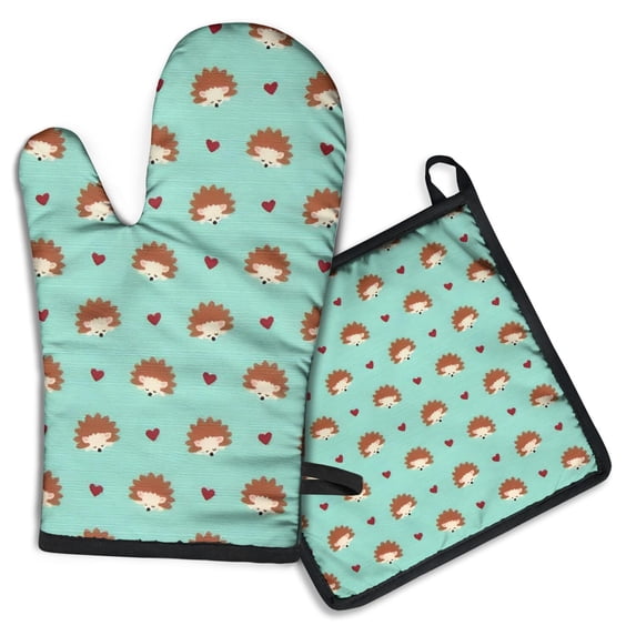 Cute Hedgehog and Love Kitchen Oven Mitt and Pot Holder Sets 2 Pcs for Baking, Cooking and Grilling, Heat Resistant Up To 392 °F
