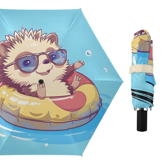 Cute Hedgehog on Sea Compact Sun Umbrella Windproof Travel Umbrellas for Rain Strong Portable UV Protection