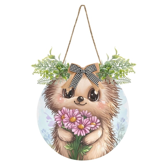 Cute Hedgehog with Big Eyes Front Door Porch Decoration Hanging Sign with Artificial Green Plants and Bow for Home Outdoor Indoor