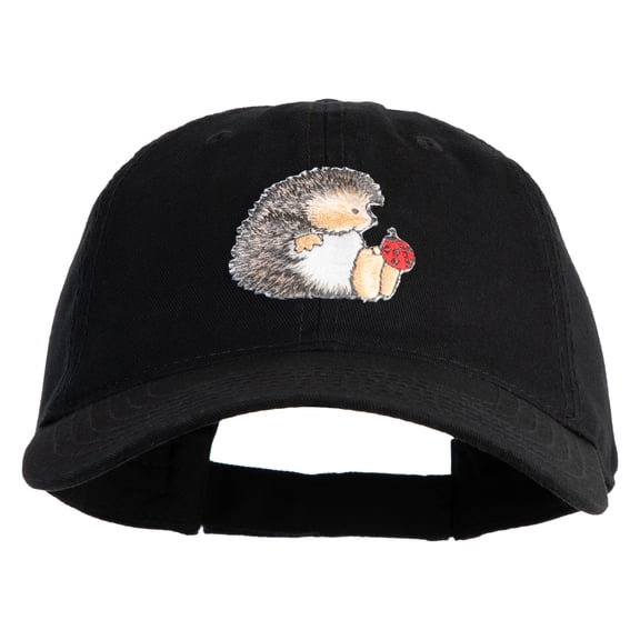Cute Hedgehog with Ladybug Embroidered Iron On Patched 6 Panel Washed Low Profile Dad Hat - Black OSFM
