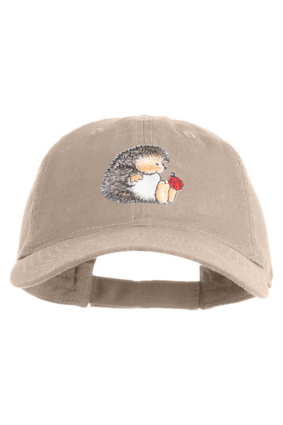 Cute Hedgehog with Ladybug Embroidered Iron On Patched 6 Panel Washed Low Profile Dad Hat - Khaki OSFM