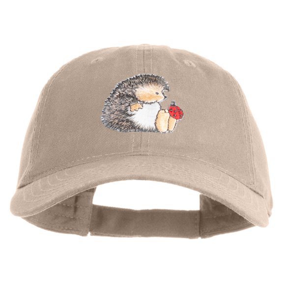 Cute Hedgehog with Ladybug Embroidered Iron On Patched 6 Panel Washed Low Profile Dad Hat - Khaki OSFM