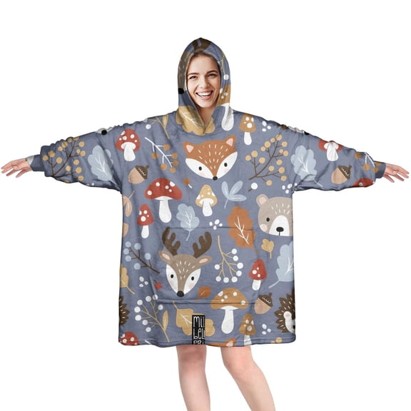 Cute Hedgehogs and Forest Animals Pattern Wearable Oversized Blanket,Wearable Blanket Hoodie for Adults,Cozy Hooded Blankets with Super Pockets,Super Warm Fuzzy Pullover for Women & Men