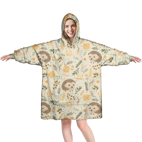 Cute Hedgehogs and Pioneer Flower Pattern Wearable Oversized Blanket,Wearable Blanket Hoodie for Adults,Cozy Hooded Blankets with Super Pockets,Super Warm Fuzzy Pullover for Women & Men