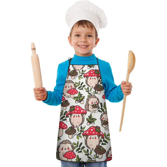 Cute Hedgehogs and Red Mushrooms Pattern Kids Aprons for Girls and Boys,Adjustable Neck Strap Toddler Aprons for Kids Cooking Baking