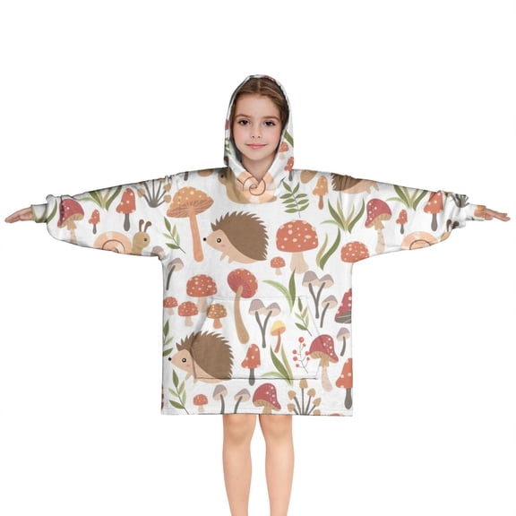 Cute Hedgehogs and Red Mushrooms Snails Pattern Blanket Hoodies for Kids 6-13YR Oversize Wearable Blanket Hoodies for Boys Girls Teens