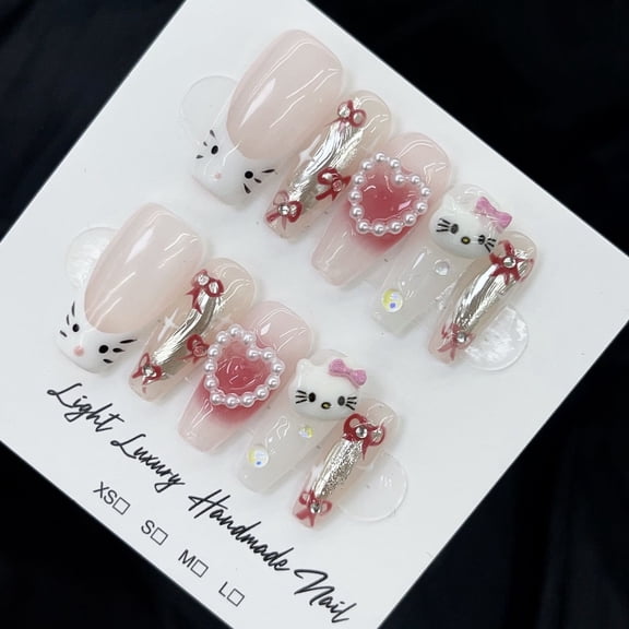 Cute Hello Kitty Blush Handmade Wear Nail Piece Light Luxury Pure Handmade High Quality Control Nail