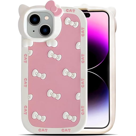 Cute Hello Kitty Case for iPhone 17 Pro Max 11 12 13 14 15 16 Kawaii Funny 3D Bow Cartoon Silicone Kitty Cat Phone case, Aesthetic Soft Shockproof Classic Protective Cover for Women Girls Kids