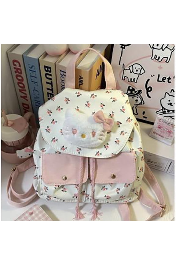 Cute Hello Kitty Floral Backpack for Women,Kawaii Plush Kitty Backpack with Pink Accents,Aesthetic Bag for Travel and Daily Use