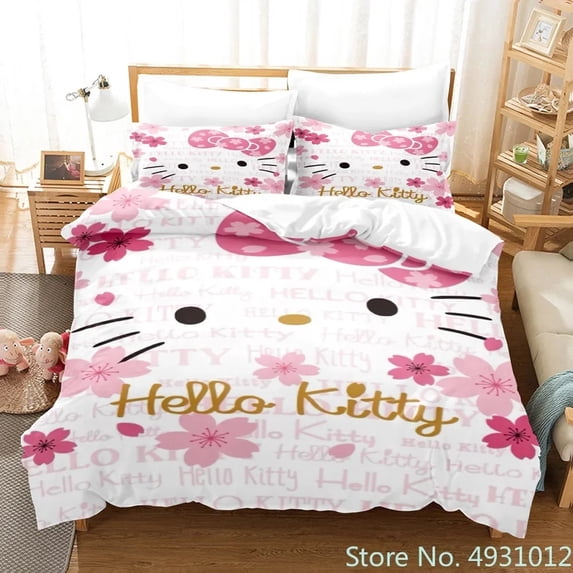 Cute Hello Kitty Love Bedding Set Pillowcase Japanese Anime Bedclothes 3D Printed Quilt Cover Duvet Cover Baby Kids Child Gift