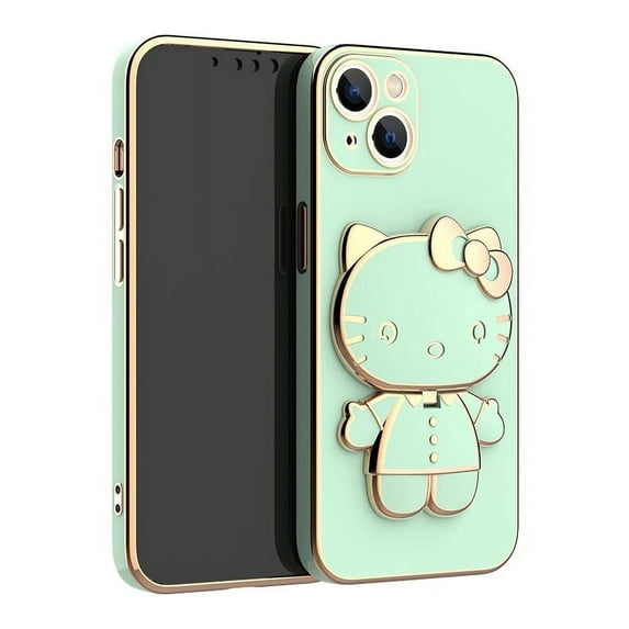 Cute Hello Kitty Mirror Bracket Holder Case For iPhone 15 11 12 13 14 Pro Max Mini XR XS X 8 7 6 Plus SE 2020 Plating Back Cover