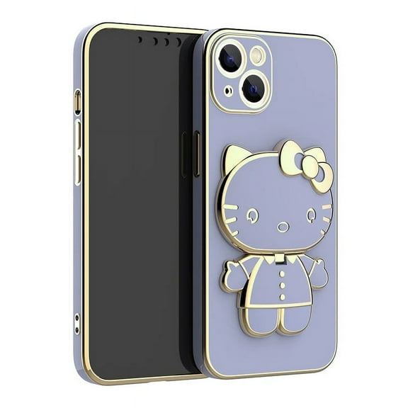 Cute Hello Kitty Mirror Bracket Holder Case For iPhone 15 11 12 13 14 Pro Max Mini XR XS X 8 7 6 Plus SE 2020 Plating Back Cover