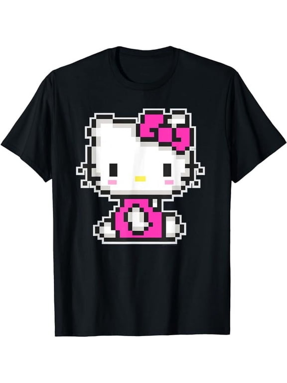 Cute Hello Kitty Pixel Style T-Shirt Kawaii Kitten Tee For Men Women Cat Lover, Black Color, Size XL