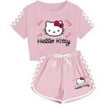 thumbnail image 1 of Cute Hello Kitty Short-sleeved Shorts 2-Piece Sets Women Summer Plaid Print Tracksuit,150, 1 of 2