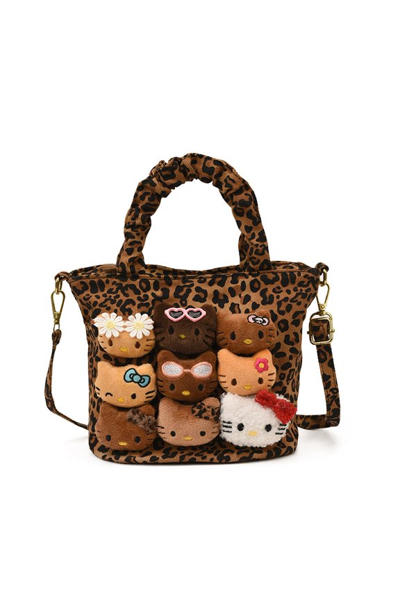 Cute Hello Kitty Suede Tote Bag,Kawaii 3D Cartoon Character Handbag with Detachable Shoulder Strap,Leopard Print Suede Crossbody Bag for Women
