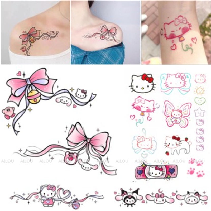 Cute Hello Kitty Tattoo Sticker Cartoon Kuromi Flower Arm Snake Tattoo ...