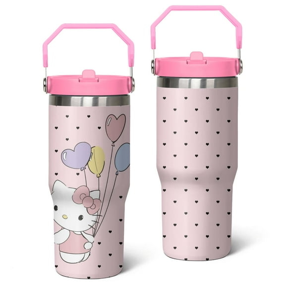 Cute Hello Kity for Adults and Girls 30oz Tumbler with Handle - Reusable, Leakproof Flip and Straw - Stainless Steel Insulated Travel Cup - Adorable Kity Themed Coffee Mug - Fits Car Holder