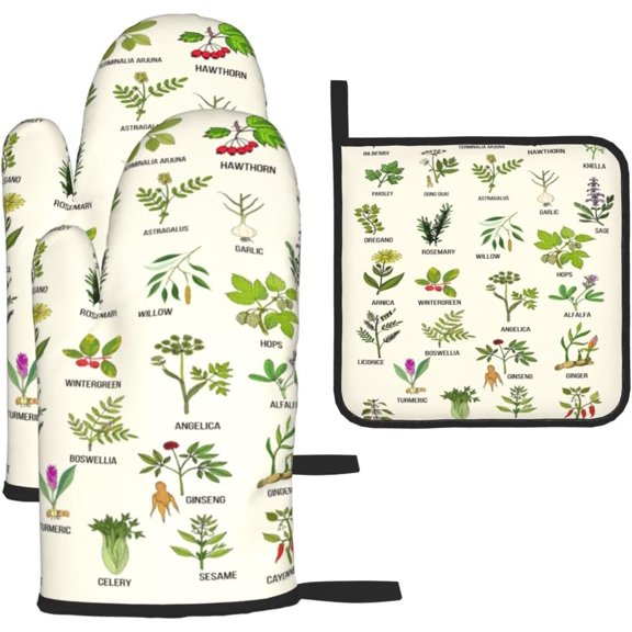 Cute Herbs Botanic Garden Plants Oven Mitts and Pot Holders Sets Heat Resistant for Kitchen BBQ Microwave Baking Grilling Cooks Set of 3 Kitchen Oven Glove