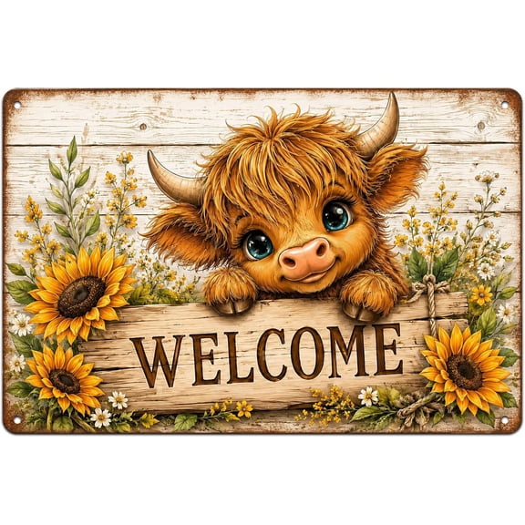 Cute Highland Calf Sunflower Welcome Vintage Wall Art for Farm Porch Home Decoration