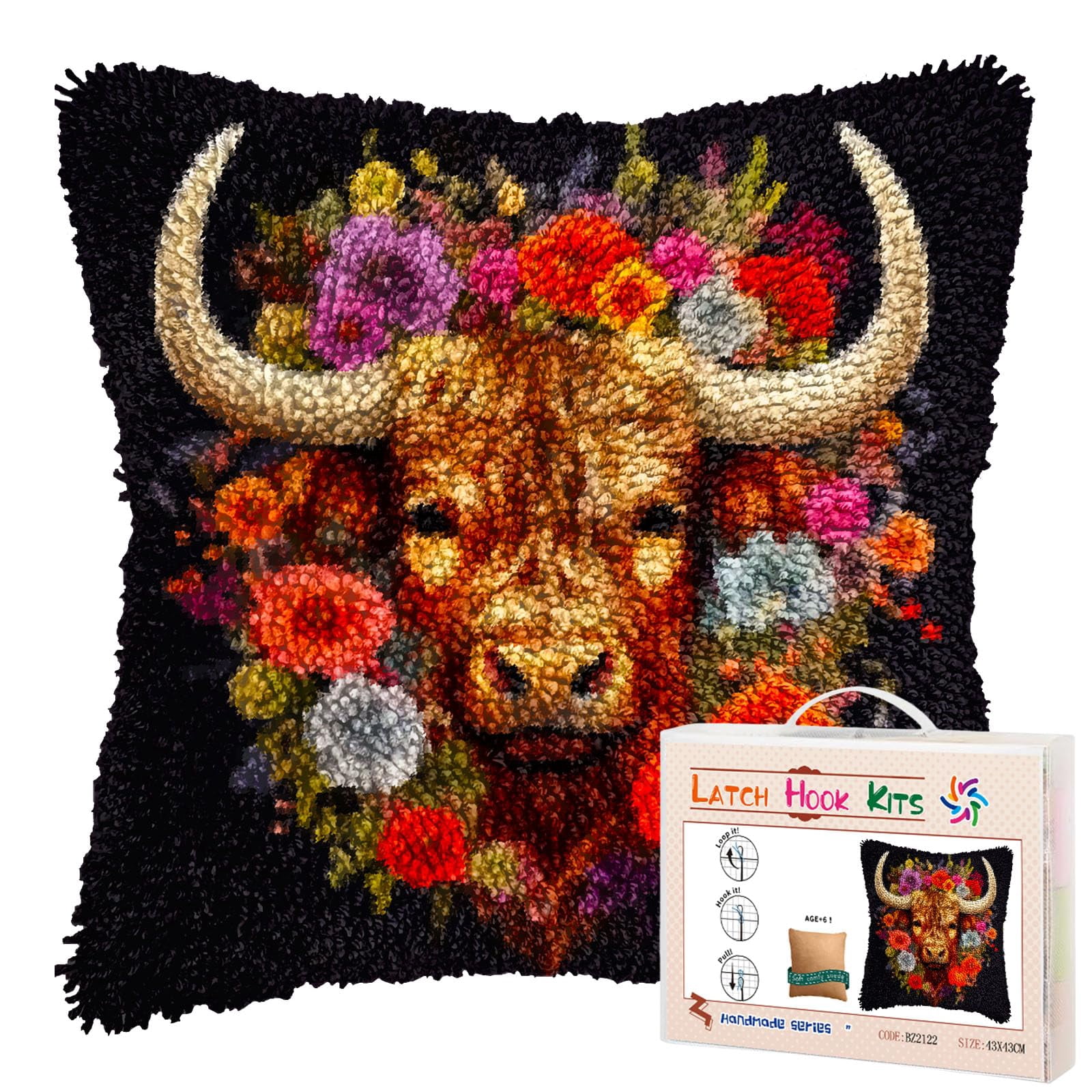 Cute Highland Cattle in Flowers DIY Latch Hook Pillow Kits for Adults Printed Pillowcase Crochet Yarns Hooking Handmade Pillow Cover Cushion for Home Sofa Decoration 17x17inch