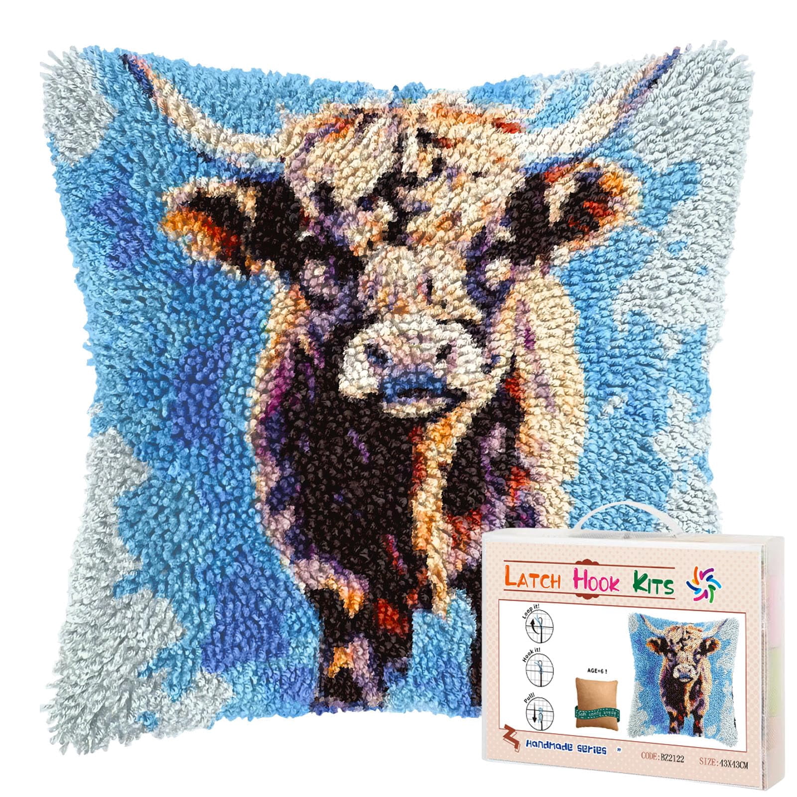 Cute Highland Cattle in Sky DIY Latch Hook Pillow Kits for Adults Printed Pillowcase Crochet Yarns Hooking Handmade Pillow Cover Cushion for Home Sofa Decoration 17x17inch