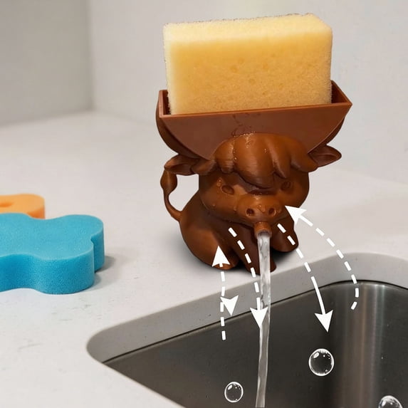 Cute Highland Cattle Sponge Holder with Drainage - Funny Scrub Sponge Stand for Kitchen Sink Countertop Organizer Gadget