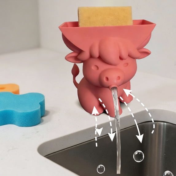 Cute Highland Cattle Sponge Holder with Drainage - Funny Scrub Sponge Stand for Kitchen Sink Countertop Organizer Gadget