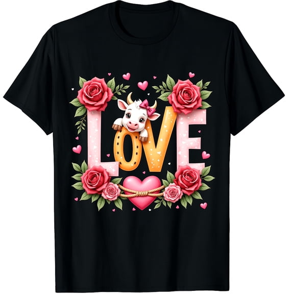 Cute Highland Cow And Pink Heart Valentines Day Love Leopard Graphic Crew Neck Short Sleeve T-Shirts (Men's, Women's)