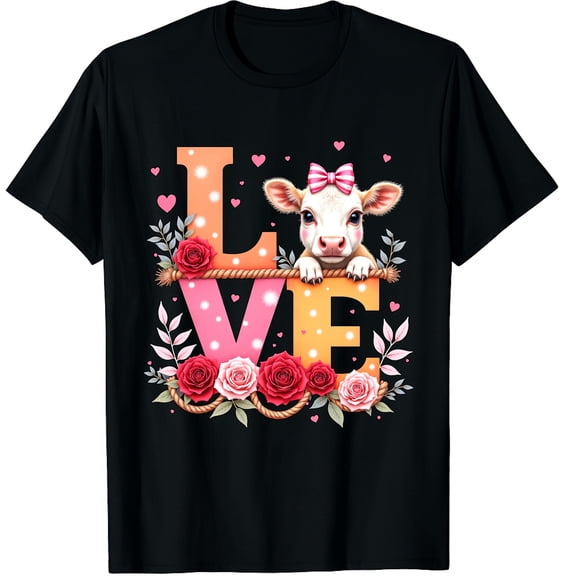 Cute Highland Cow And Pink Heart Valentines Day Love Leopard Graphic Crew Neck Short Sleeve T-Shirts (Men's, Women's)