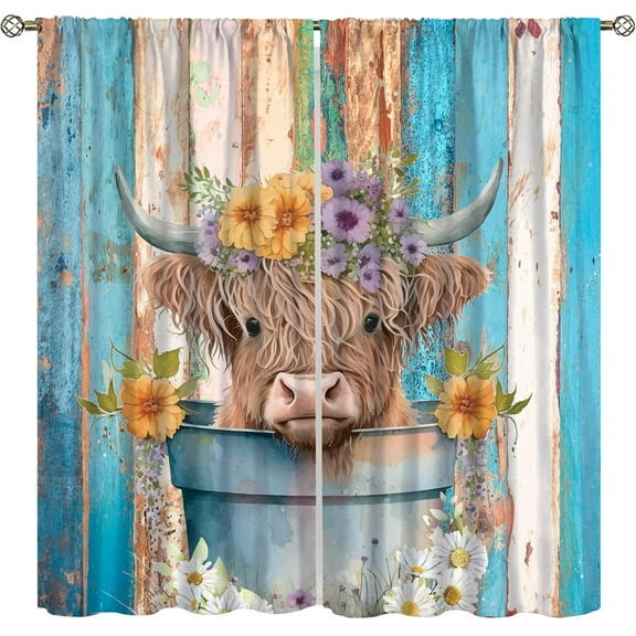 Cute Highland Cow Blackout Curtains, Vintage Rustic Farmhouse Wood Panels Fun Cow in A Bucket Print Rod Pocket Window Treatments Drapes for Bedroom Living Room Kitchen 84x84in