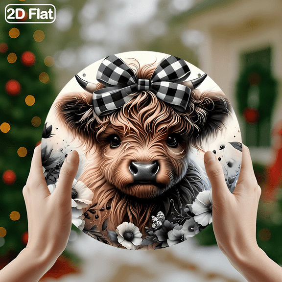 Cute Highland Cow with Buffalo Plaid Bow Farmhouse Decor Sign, 1pc, 8" Round Aluminum Wall Art Metal Sign, Wall Decor For Kitchen, Door, Office, Bedroom Decor, Best Gift For Room, Home Decor, 2D Flat