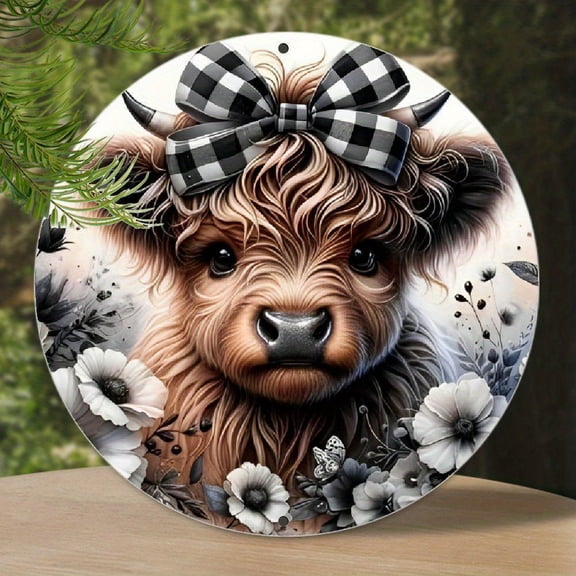 Cute Highland Cow with Buffalo Plaid Bow Round Aluminum Sign - Rustic Farmhouse Monochrome Floral & Butterfly Wall Decor, 1pc, 8" Wall Art Metal Sign, For Porch, Room, Home, Ideal Gifts, Weather, 2D
