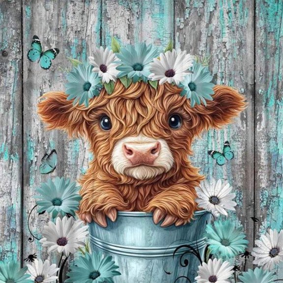 Cute Highland Cow Calf in Blue Bucket Floral Butterfly Canvas Wall Art, Rustic Weathered Wooden Background Poster Print for Farmhouse Living Room Nursery Wall Decor