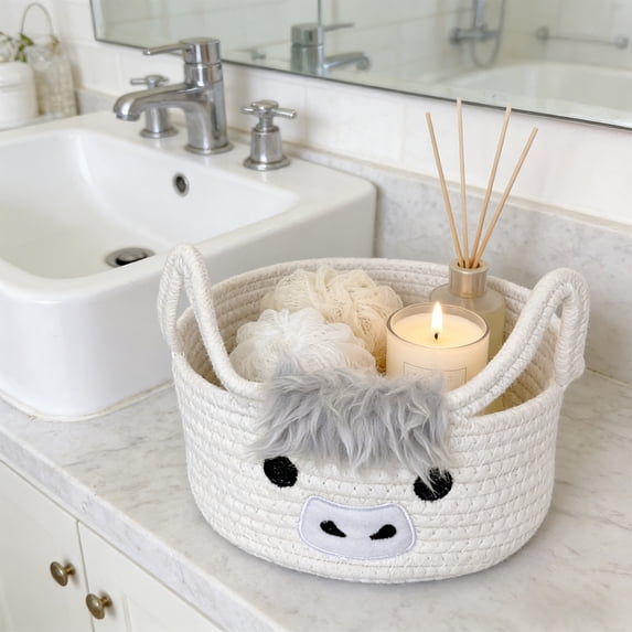 Cute Highland Cow Cotton Rope Storage Basket Round Woven Bin With Ears Handles For Blanket Towel Toy Organizer Home Decor