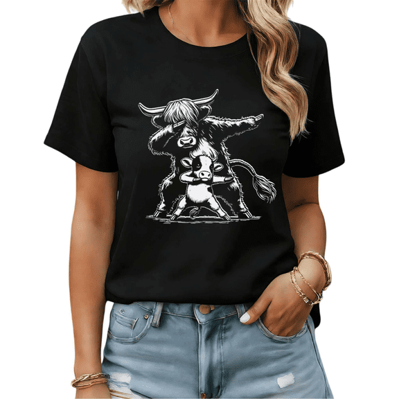 Cute Highland Cow Family Dab Graphic Tees Womans T-shirt Shirts Black White S-5XL Tops